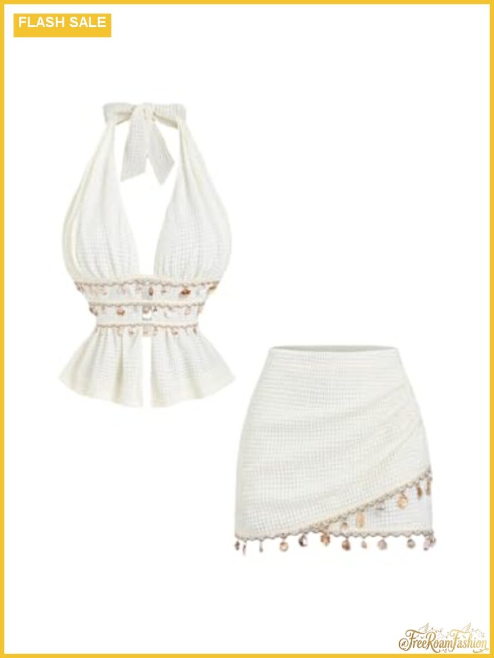Women's Crochet Seashell Trim Halter Top & Wrap Skirt Matching 2 Piece Set